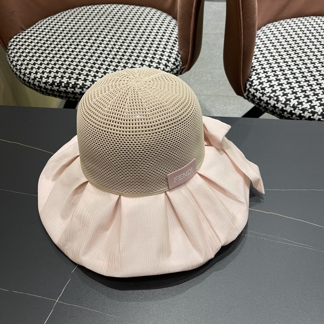  芬迪FENDI帽子女夏季遮脸黑椒防晒大沿渔夫帽蝴蝶结镂空太阳帽Uv盆帽