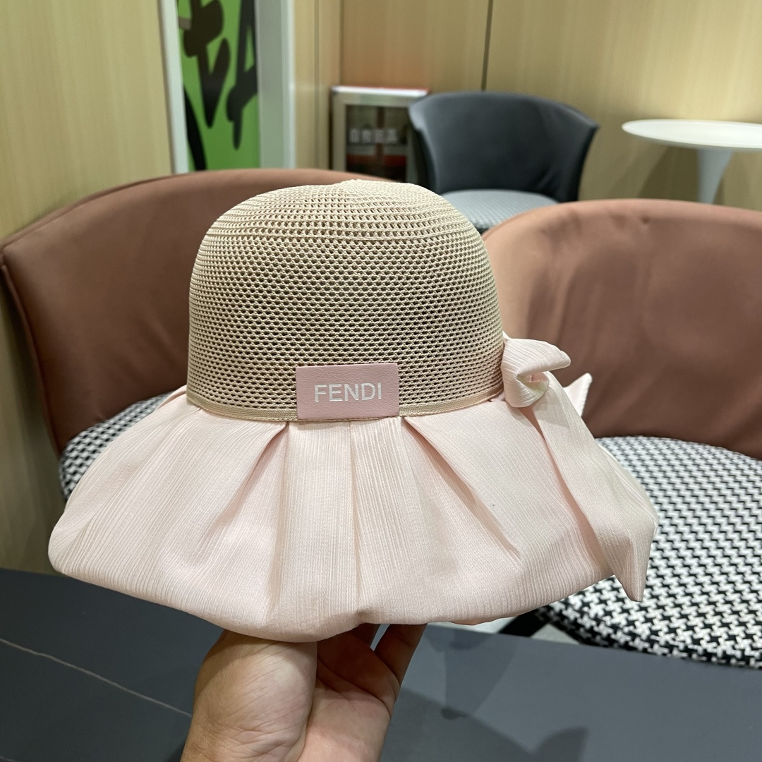  芬迪FENDI帽子女夏季遮脸黑椒防晒大沿渔夫帽蝴蝶结镂空太阳帽Uv盆帽