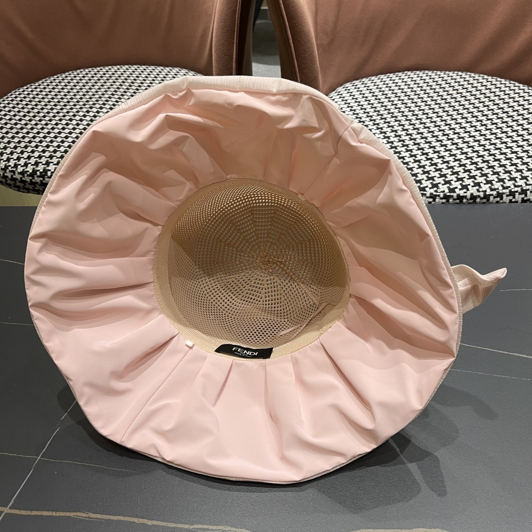  芬迪FENDI帽子女夏季遮脸黑椒防晒大沿渔夫帽蝴蝶结镂空太阳帽Uv盆帽