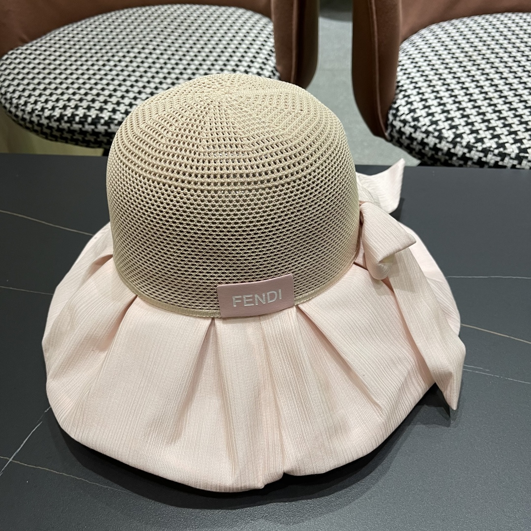  芬迪FENDI帽子女夏季遮脸黑椒防晒大沿渔夫帽蝴蝶结镂空太阳帽Uv盆帽
