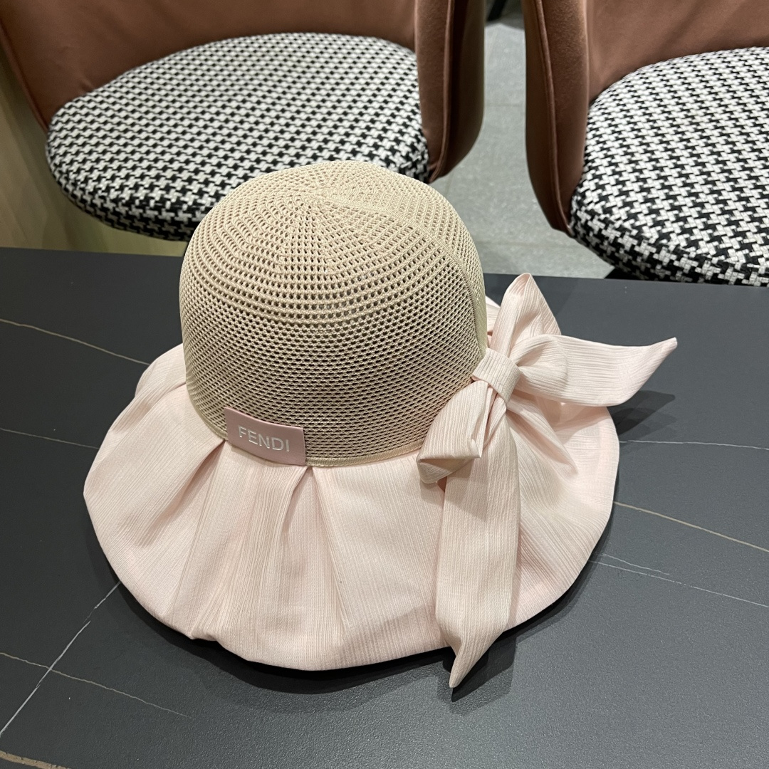  芬迪FENDI帽子女夏季遮脸黑椒防晒大沿渔夫帽蝴蝶结镂空太阳帽Uv盆帽