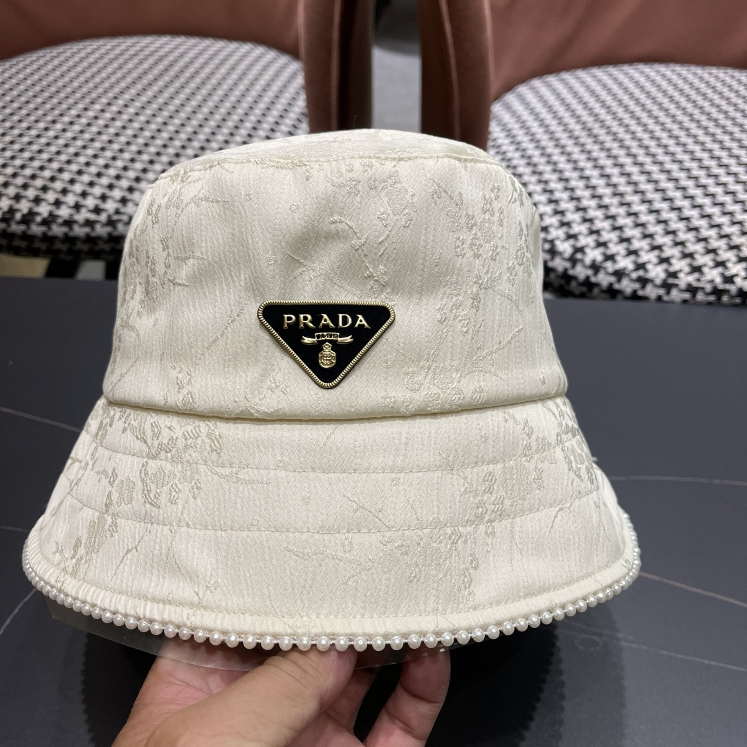  PRADA普拉达国风珍珠边渔夫帽子女 2025新款夏季百搭品脸小盆帽岀游防晒遞阳