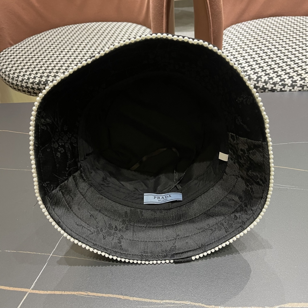  PRADA普拉达国风珍珠边渔夫帽子女 2025新款夏季百搭品脸小盆帽岀游防晒遞阳