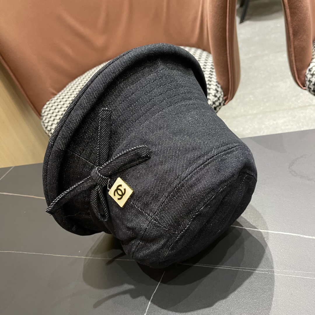  香奈儿2025 春秋款高品质卷边渔夫帽日系牛仔布百搭盆帽气质优雅蝴蝶结女