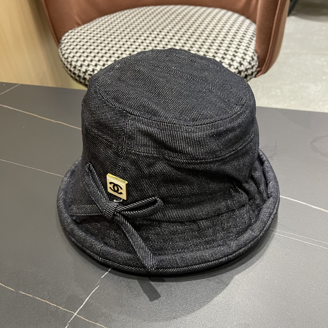 香奈儿2025 春秋款高品质卷边渔夫帽日系牛仔布百搭盆帽气质优雅蝴蝶结女