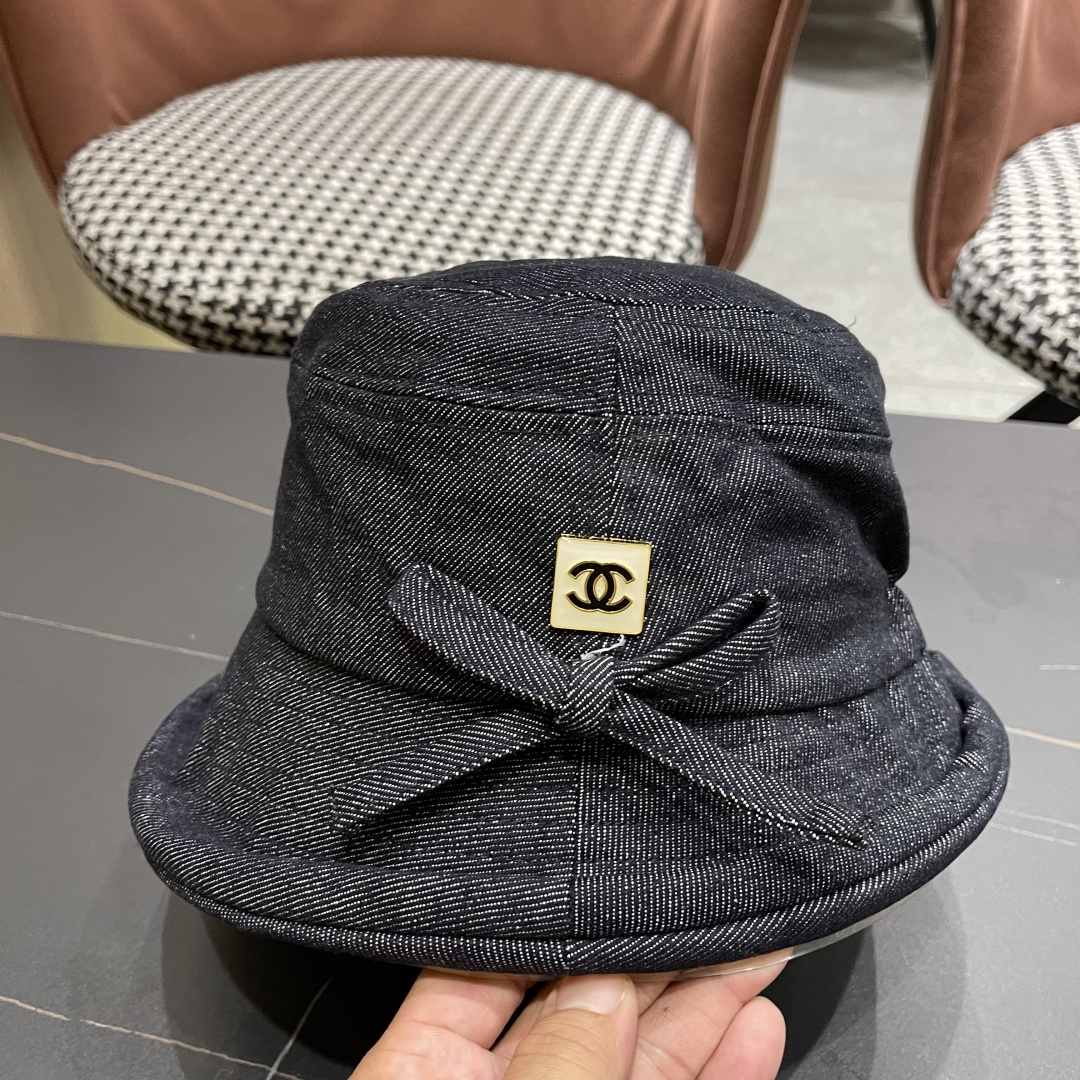  香奈儿2025 春秋款高品质卷边渔夫帽日系牛仔布百搭盆帽气质优雅蝴蝶结女