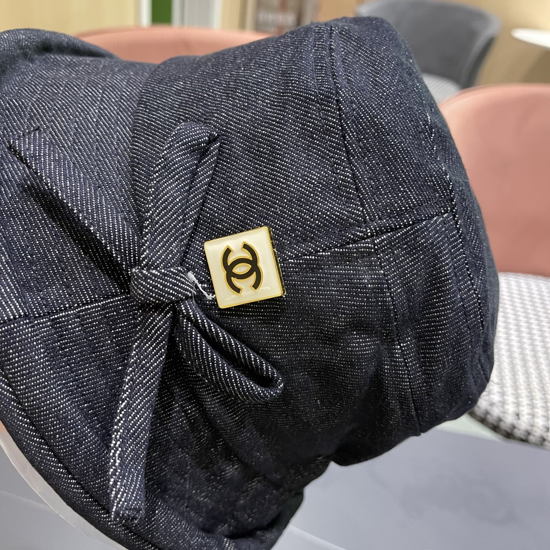  香奈儿2025 春秋款高品质卷边渔夫帽日系牛仔布百搭盆帽气质优雅蝴蝶结女