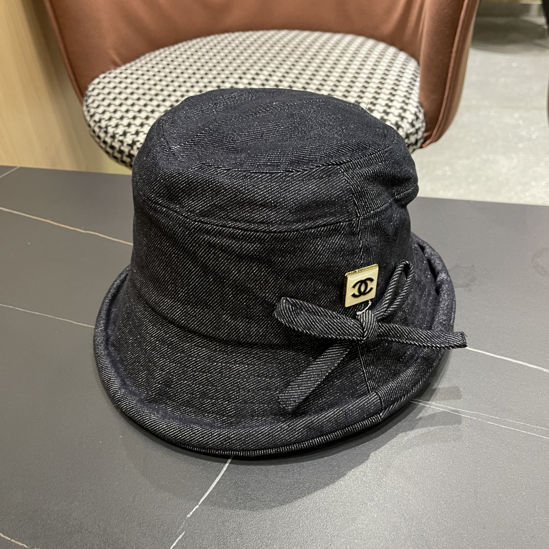  香奈儿2025 春秋款高品质卷边渔夫帽日系牛仔布百搭盆帽气质优雅蝴蝶结女