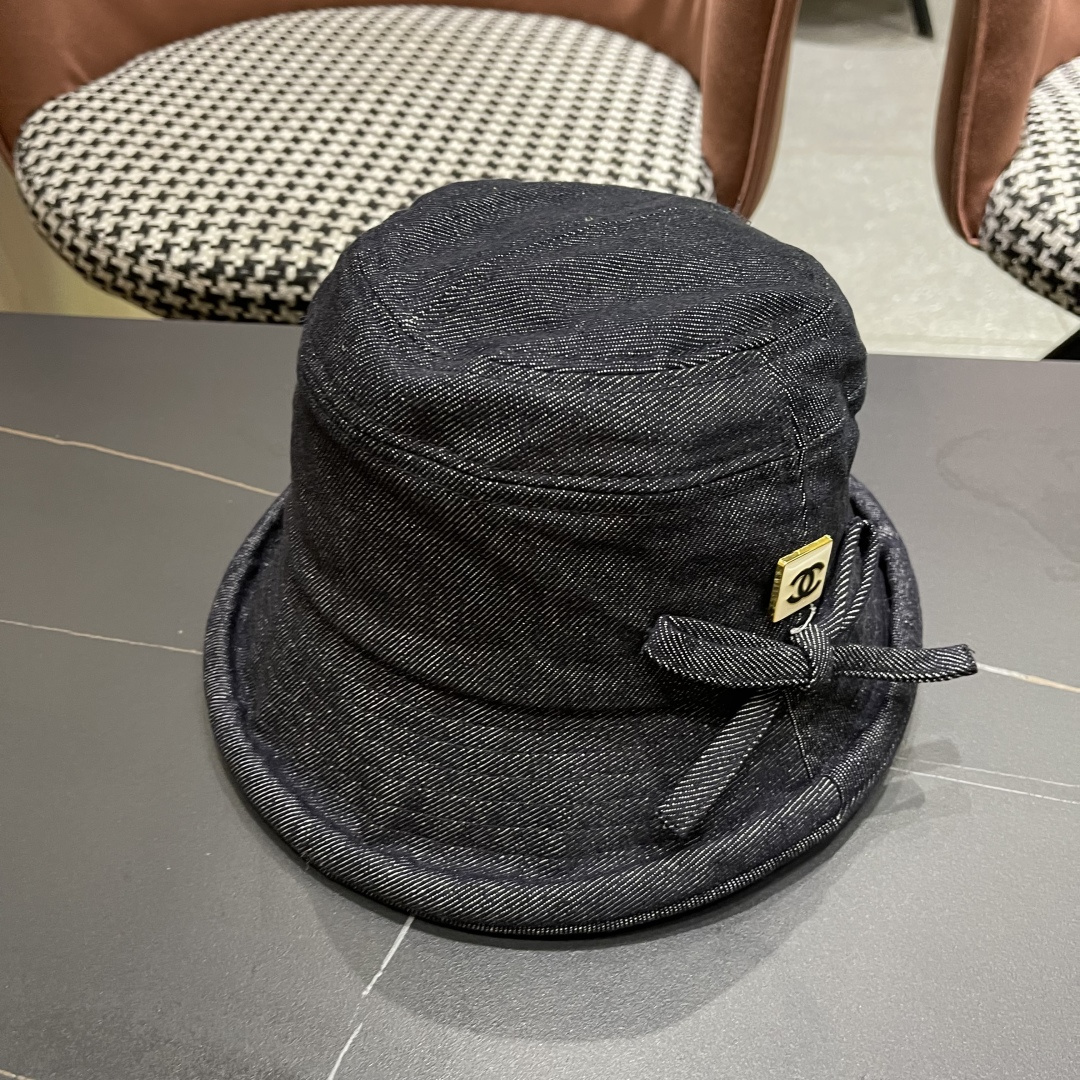  香奈儿2025 春秋款高品质卷边渔夫帽日系牛仔布百搭盆帽气质优雅蝴蝶结女