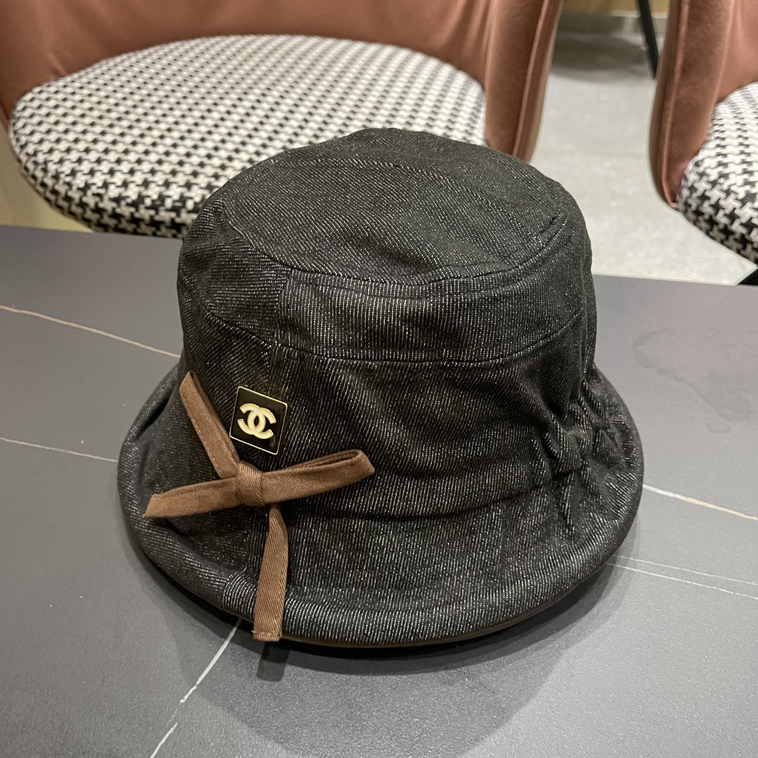  香奈儿2025 春秋款高品质卷边渔夫帽日系牛仔布百搭盆帽气质优雅蝴蝶结女