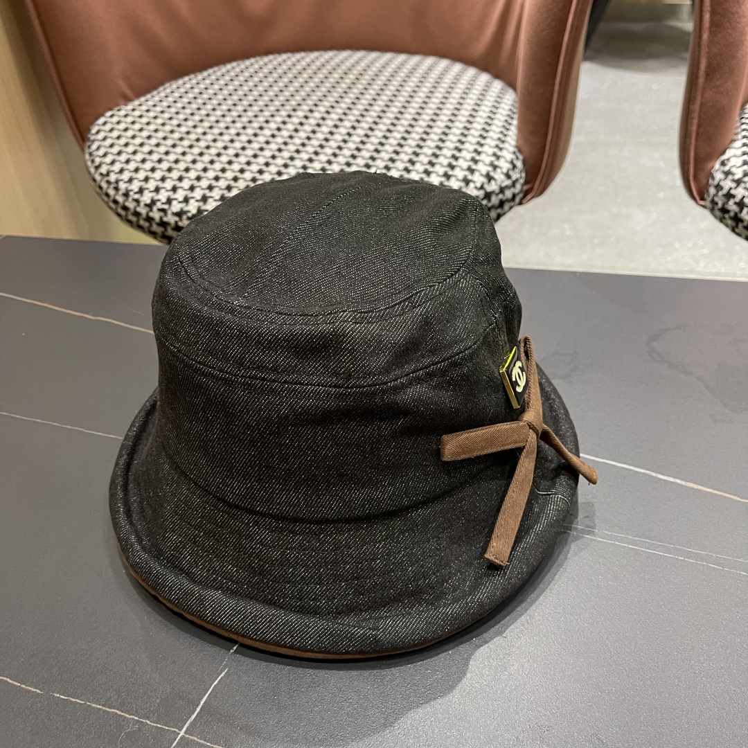  香奈儿2025 春秋款高品质卷边渔夫帽日系牛仔布百搭盆帽气质优雅蝴蝶结女