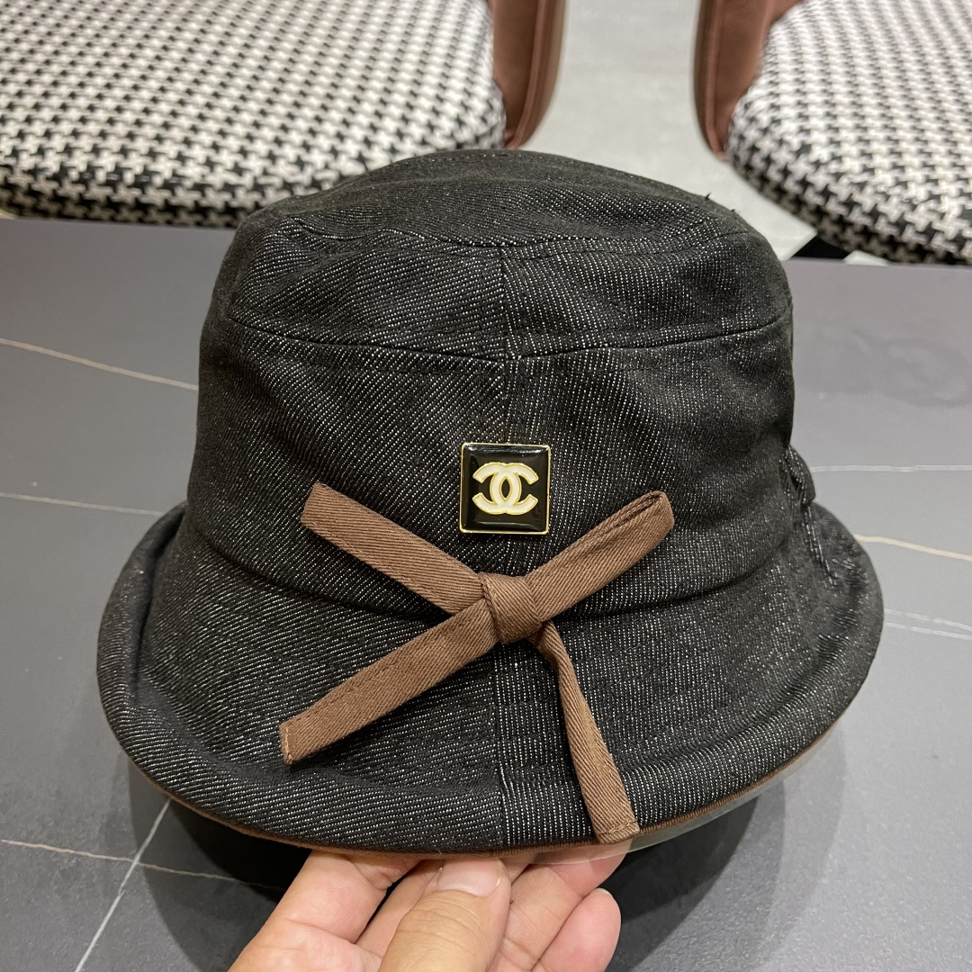  香奈儿2025 春秋款高品质卷边渔夫帽日系牛仔布百搭盆帽气质优雅蝴蝶结女