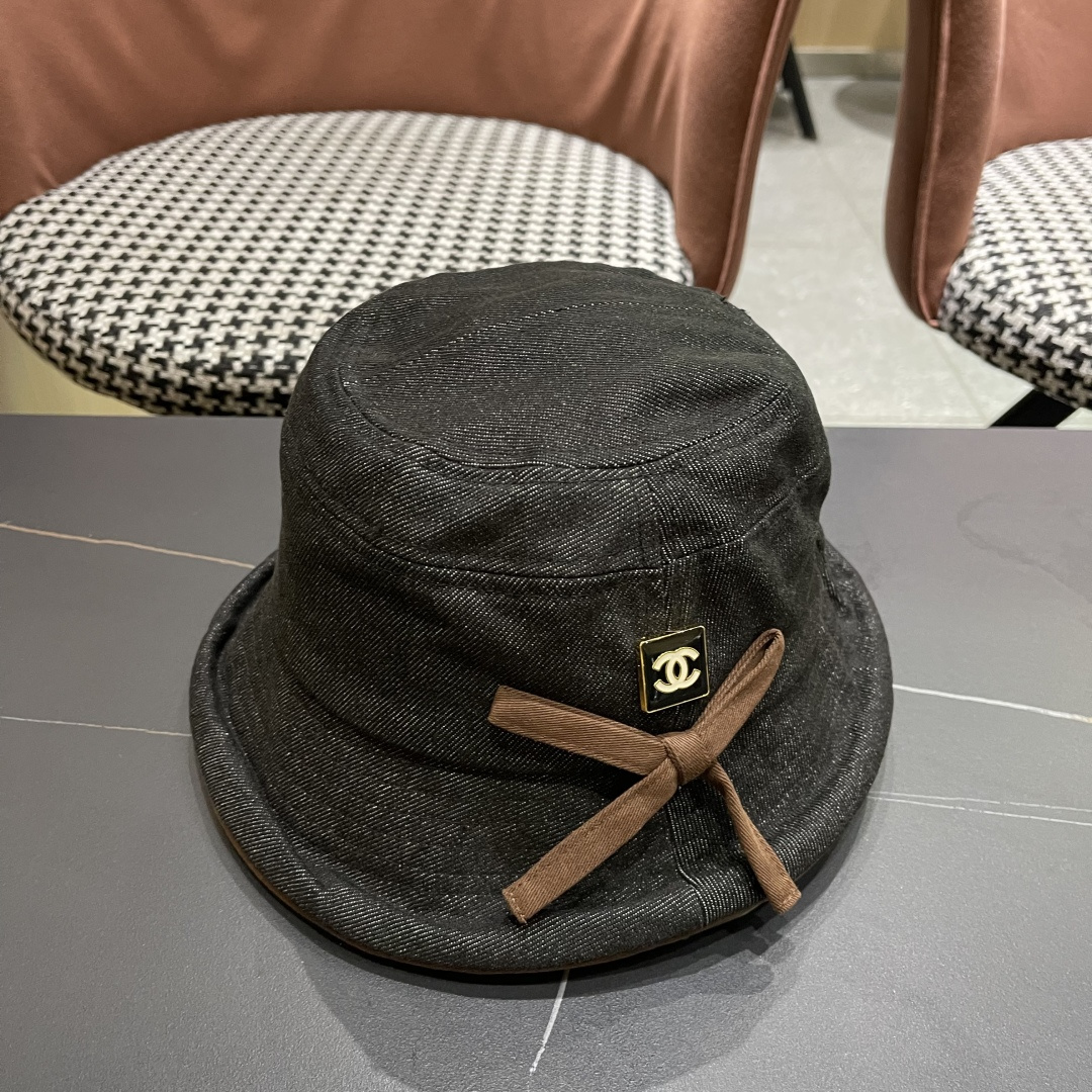  香奈儿2025 春秋款高品质卷边渔夫帽日系牛仔布百搭盆帽气质优雅蝴蝶结女