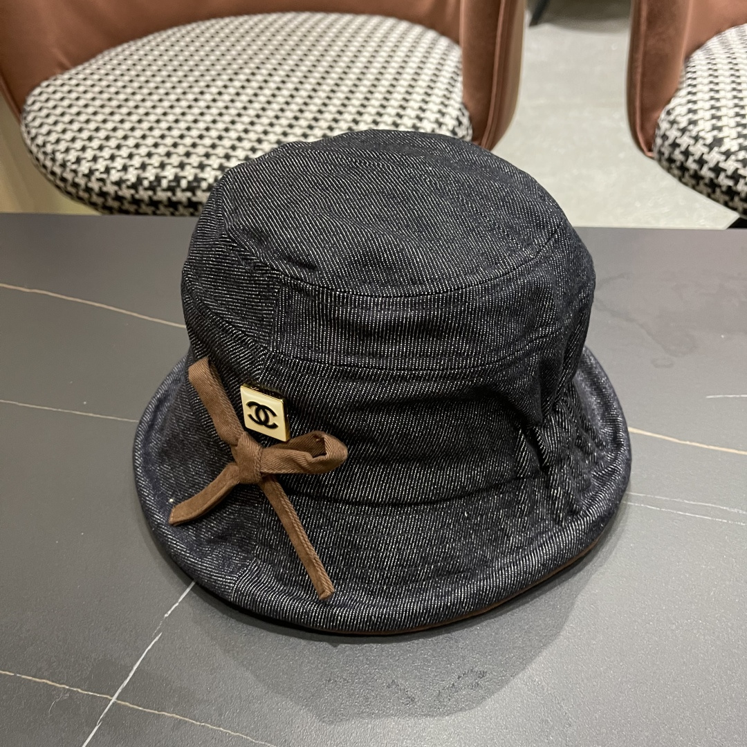  香奈儿2025 春秋款高品质卷边渔夫帽日系牛仔布百搭盆帽气质优雅蝴蝶结女