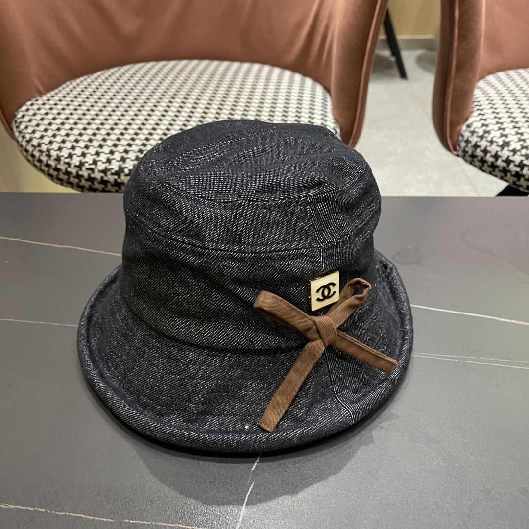  香奈儿2025 春秋款高品质卷边渔夫帽日系牛仔布百搭盆帽气质优雅蝴蝶结女