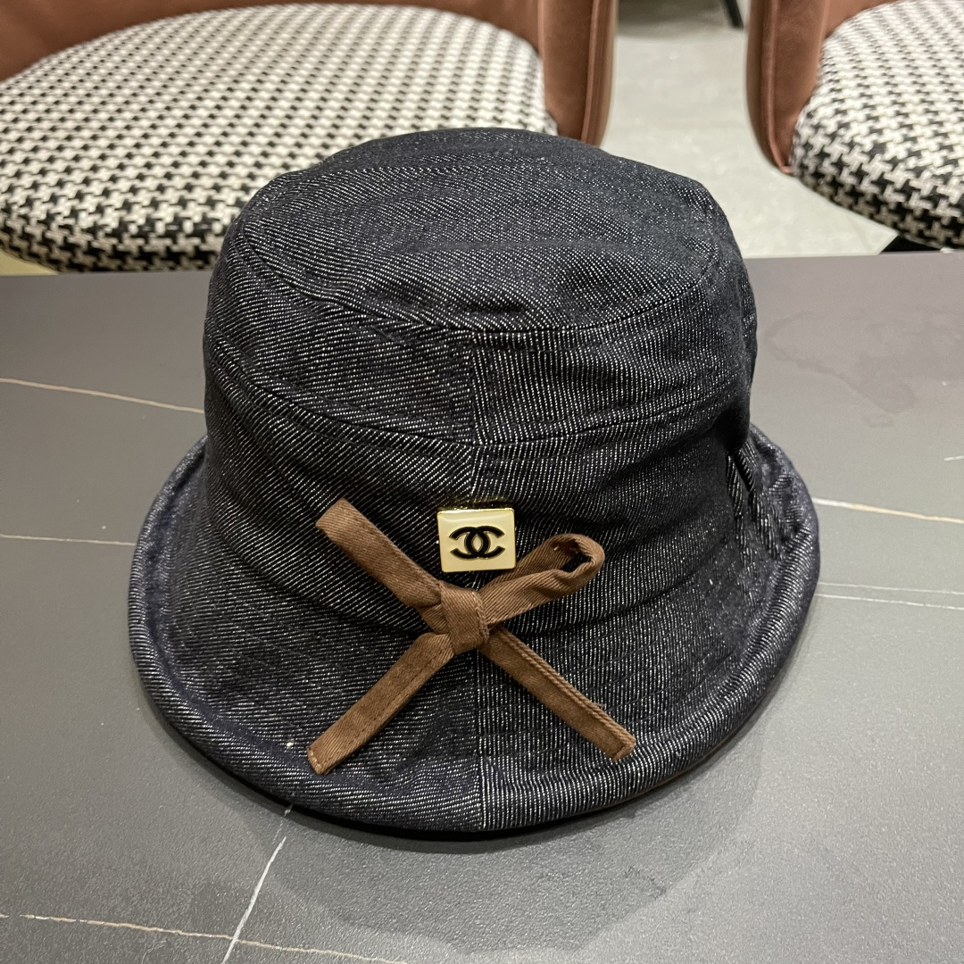  香奈儿2025 春秋款高品质卷边渔夫帽日系牛仔布百搭盆帽气质优雅蝴蝶结女