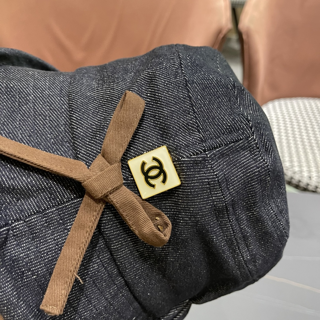  香奈儿2025 春秋款高品质卷边渔夫帽日系牛仔布百搭盆帽气质优雅蝴蝶结女