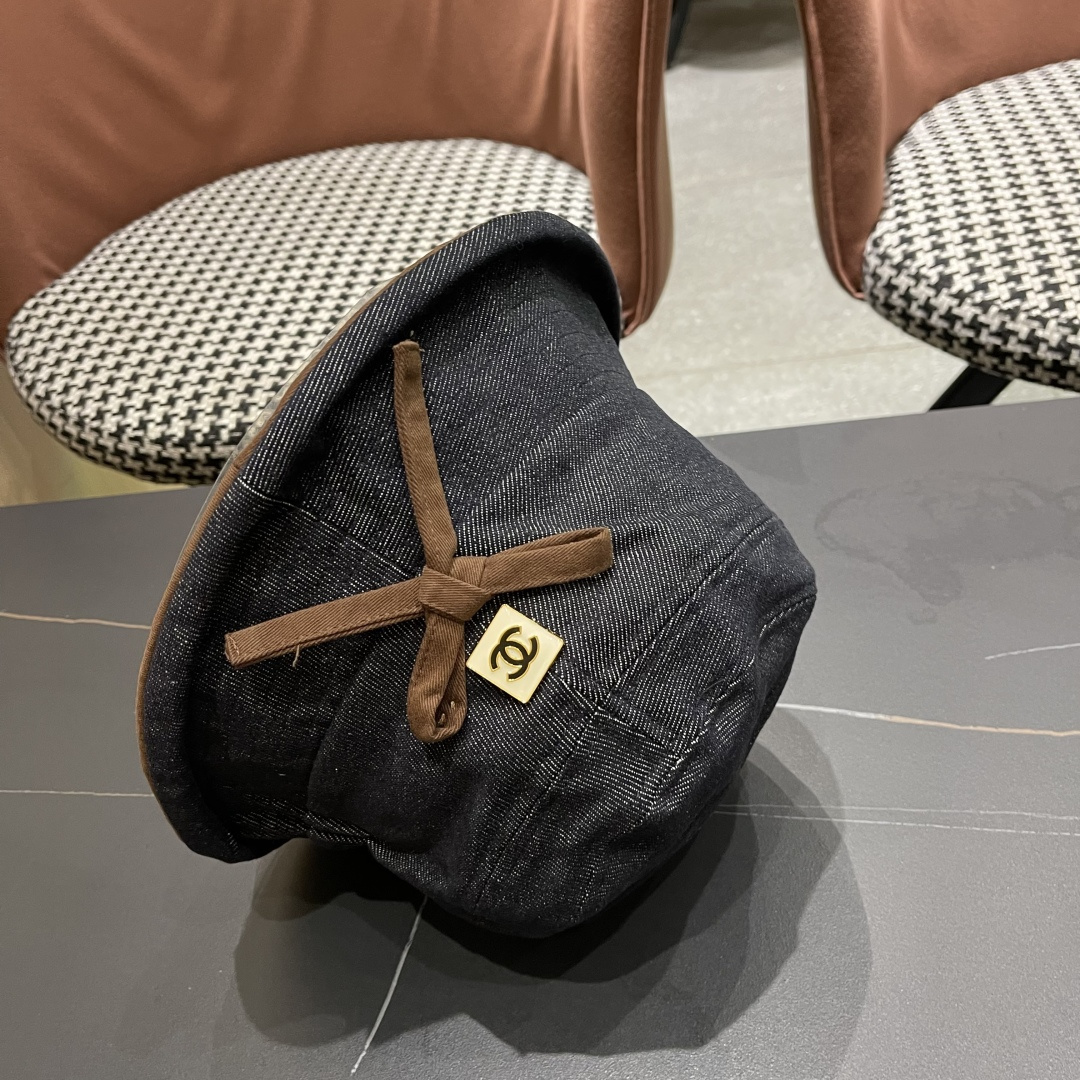  香奈儿2025 春秋款高品质卷边渔夫帽日系牛仔布百搭盆帽气质优雅蝴蝶结女