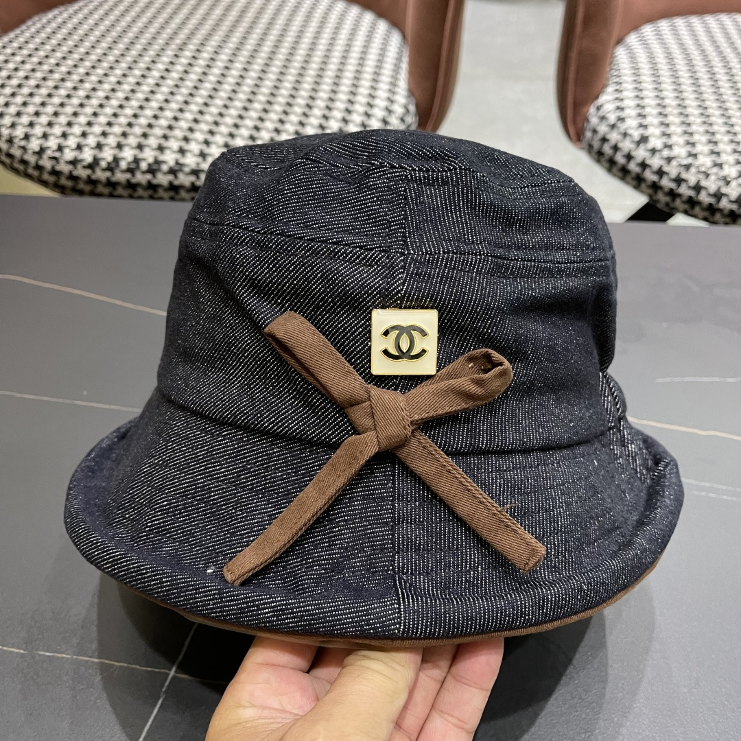  香奈儿2025 春秋款高品质卷边渔夫帽日系牛仔布百搭盆帽气质优雅蝴蝶结女