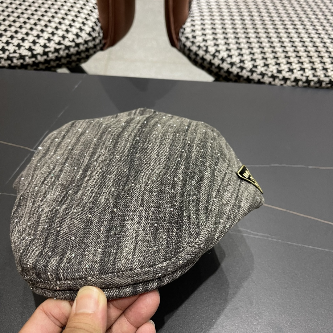 普拉达 时髦条纹带钻牛仔做1前进帽女春夏秋画家帽子街头复古显脸小贝雷帽潮