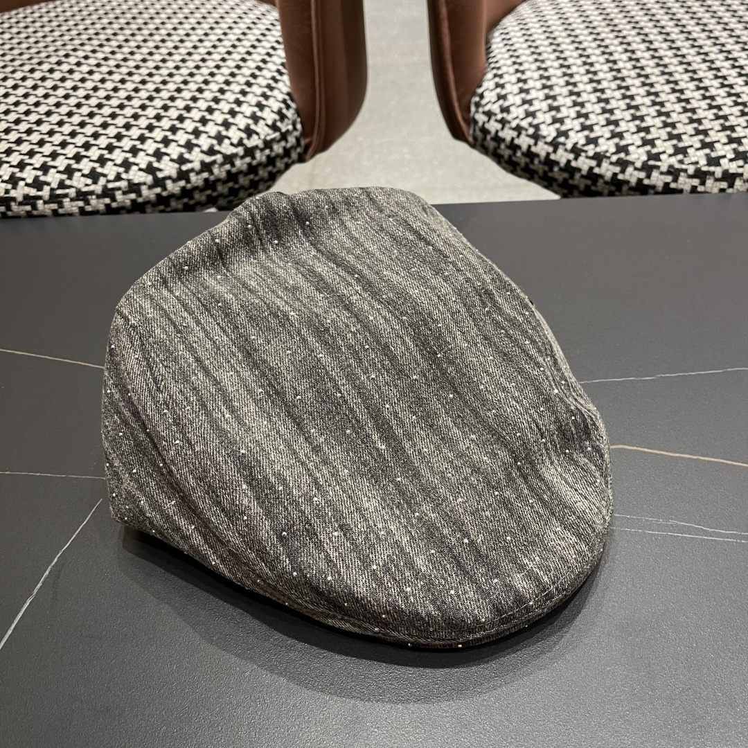 普拉达 时髦条纹带钻牛仔做1前进帽女春夏秋画家帽子街头复古显脸小贝雷帽潮