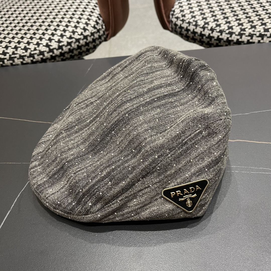 普拉达 时髦条纹带钻牛仔做1前进帽女春夏秋画家帽子街头复古显脸小贝雷帽潮