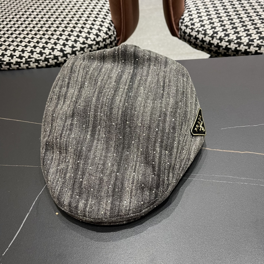 普拉达 时髦条纹带钻牛仔做1前进帽女春夏秋画家帽子街头复古显脸小贝雷帽潮