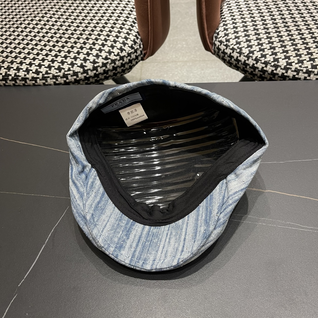 普拉达 时髦条纹带钻牛仔做1前进帽女春夏秋画家帽子街头复古显脸小贝雷帽潮