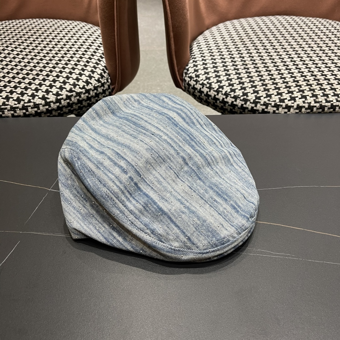 普拉达 时髦条纹带钻牛仔做1前进帽女春夏秋画家帽子街头复古显脸小贝雷帽潮