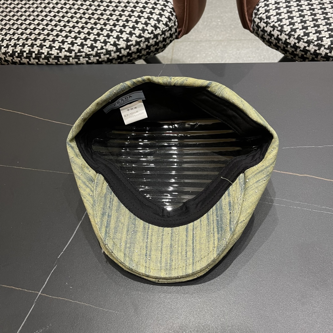 普拉达 时髦条纹带钻牛仔做1前进帽女春夏秋画家帽子街头复古显脸小贝雷帽潮