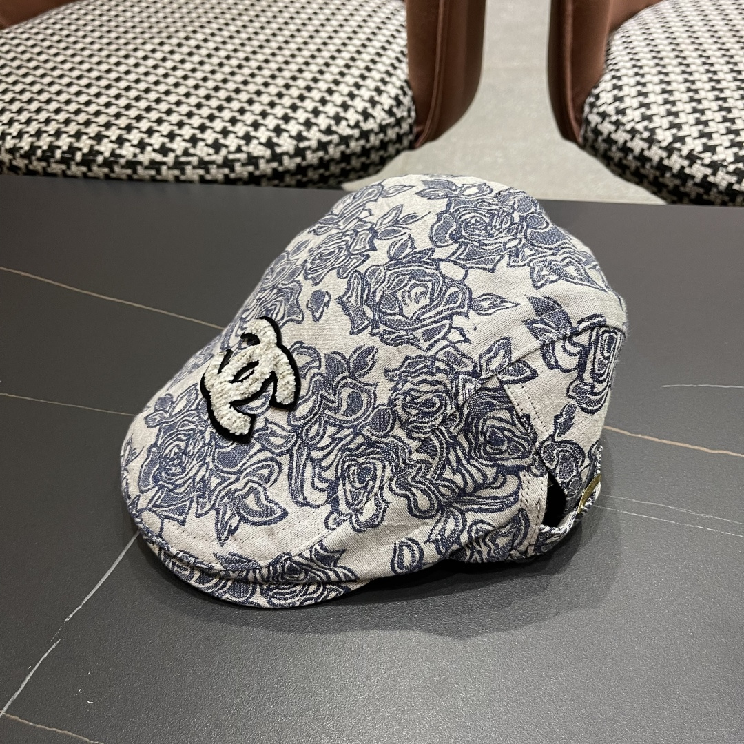 香奈儿2025韩版印花前进帽子女国风复古春夏时尚帽子民族风贝雷帽个性鸭舌帽