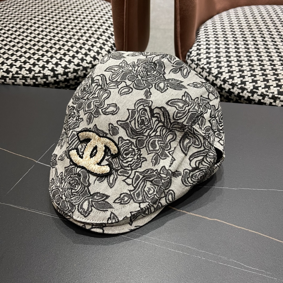 香奈儿2025韩版印花前进帽子女国风复古春夏时尚帽子民族风贝雷帽个性鸭舌帽