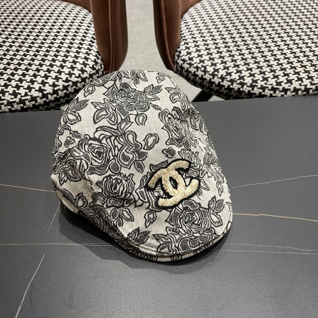 香奈儿2025韩版印花前进帽子女国风复古春夏时尚帽子民族风贝雷帽个性鸭舌帽