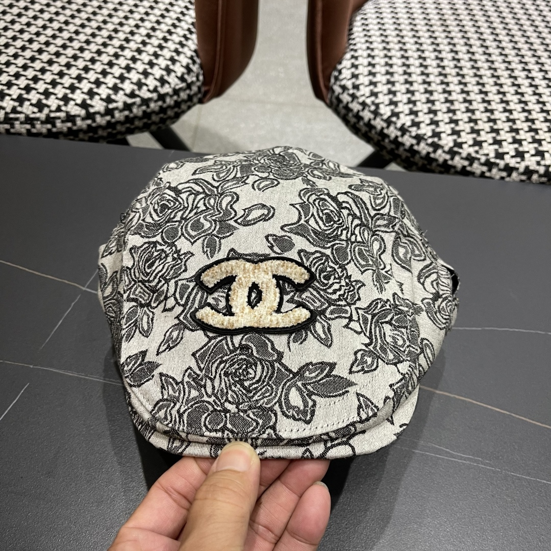 香奈儿2025韩版印花前进帽子女国风复古春夏时尚帽子民族风贝雷帽个性鸭舌帽