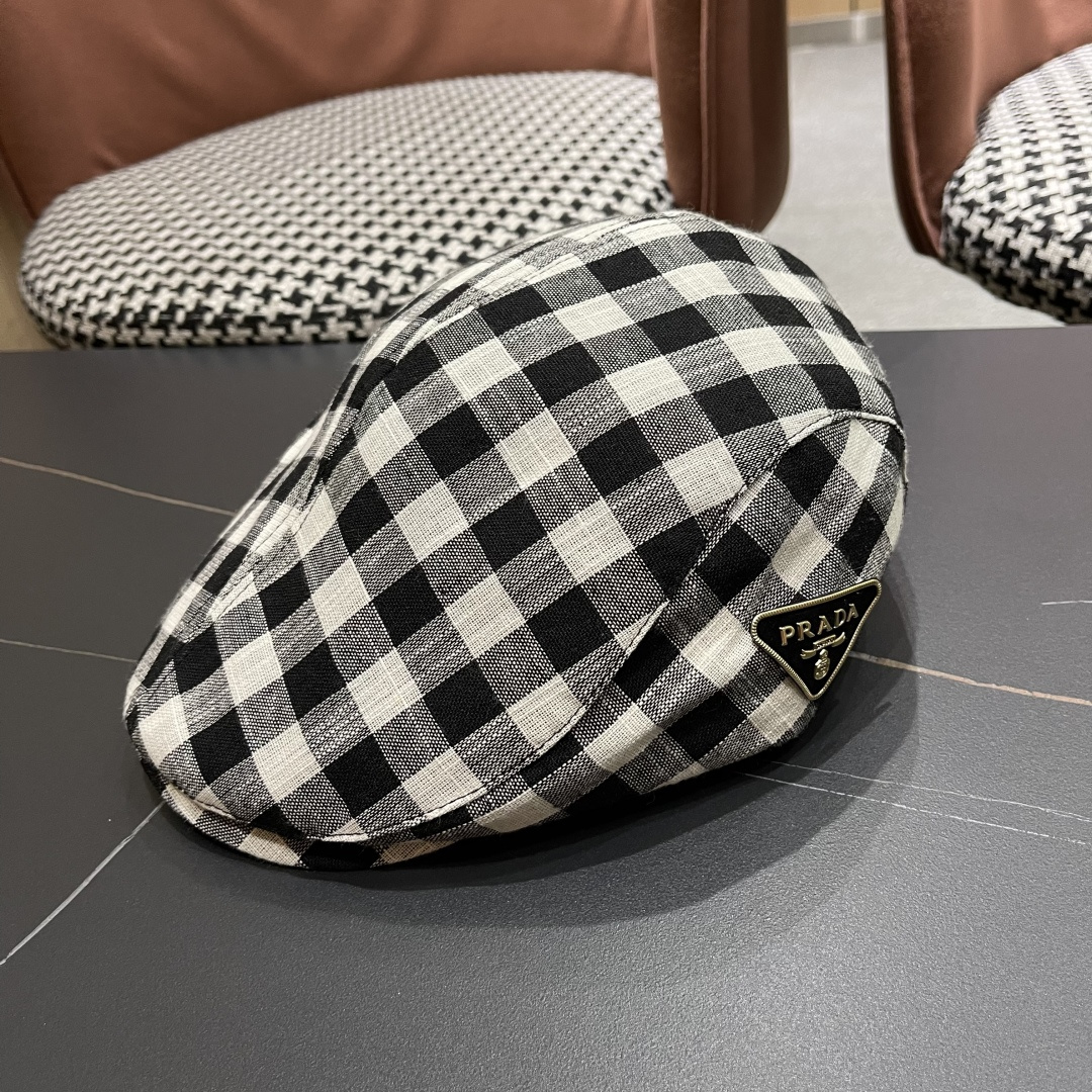 普拉达 黑白格子前进帽女文艺复吉百搭显脸小贝雷帽大头国报童鸭舌帽子潮
