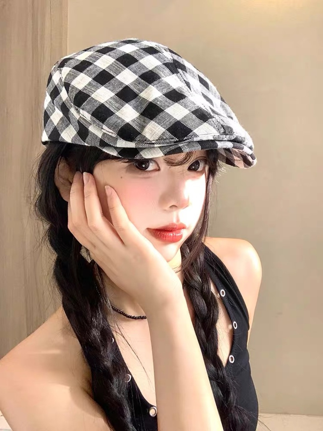 普拉达 黑白格子前进帽女文艺复吉百搭显脸小贝雷帽大头国报童鸭舌帽子潮