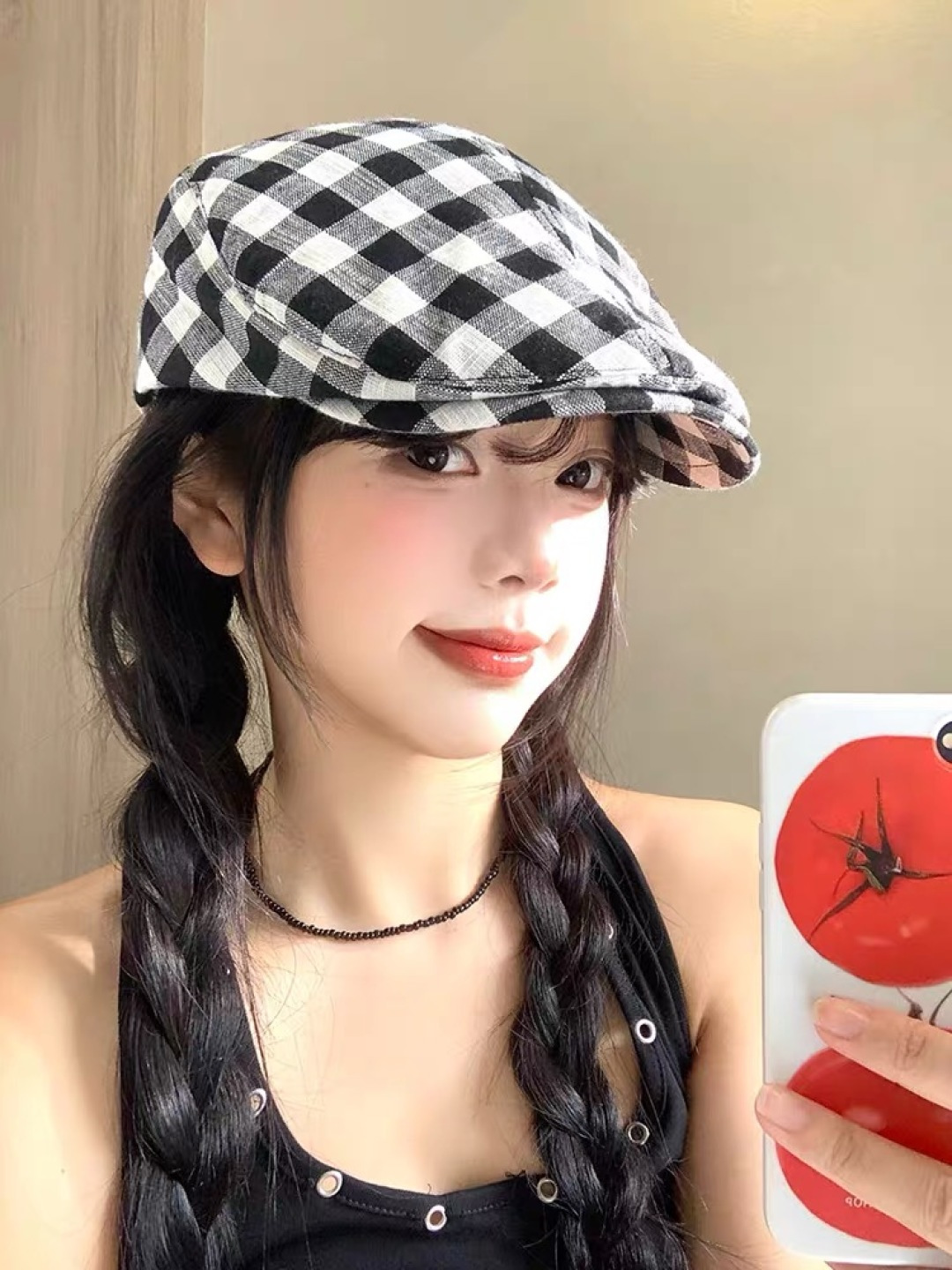 普拉达 黑白格子前进帽女文艺复吉百搭显脸小贝雷帽大头国报童鸭舌帽子潮