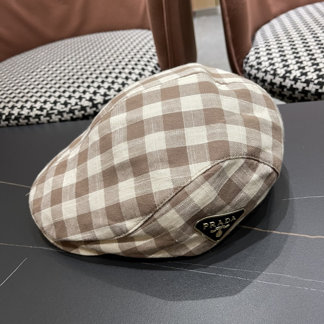 普拉达 黑白格子前进帽女文艺复吉百搭显脸小贝雷帽大头国报童鸭舌帽子潮