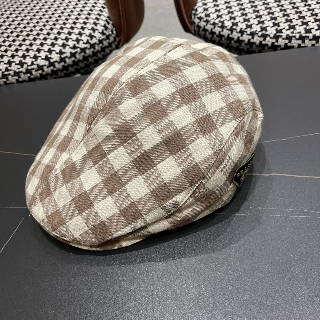 普拉达 黑白格子前进帽女文艺复吉百搭显脸小贝雷帽大头国报童鸭舌帽子潮