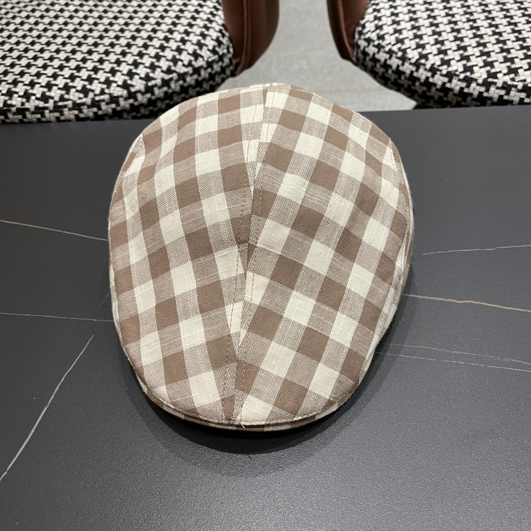 普拉达 黑白格子前进帽女文艺复吉百搭显脸小贝雷帽大头国报童鸭舌帽子潮