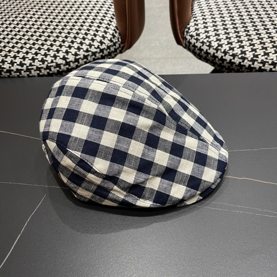 普拉达 黑白格子前进帽女文艺复吉百搭显脸小贝雷帽大头国报童鸭舌帽子潮