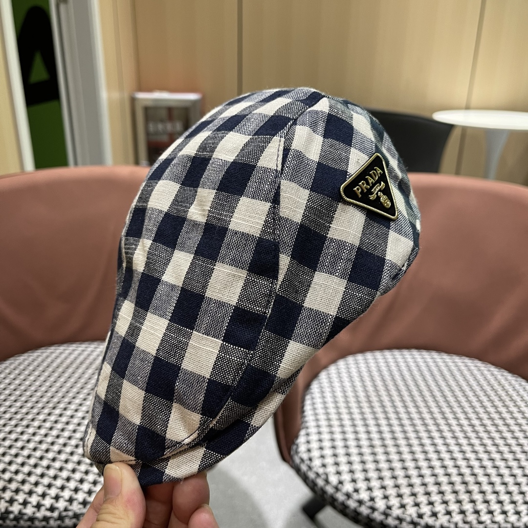 普拉达 黑白格子前进帽女文艺复吉百搭显脸小贝雷帽大头国报童鸭舌帽子潮