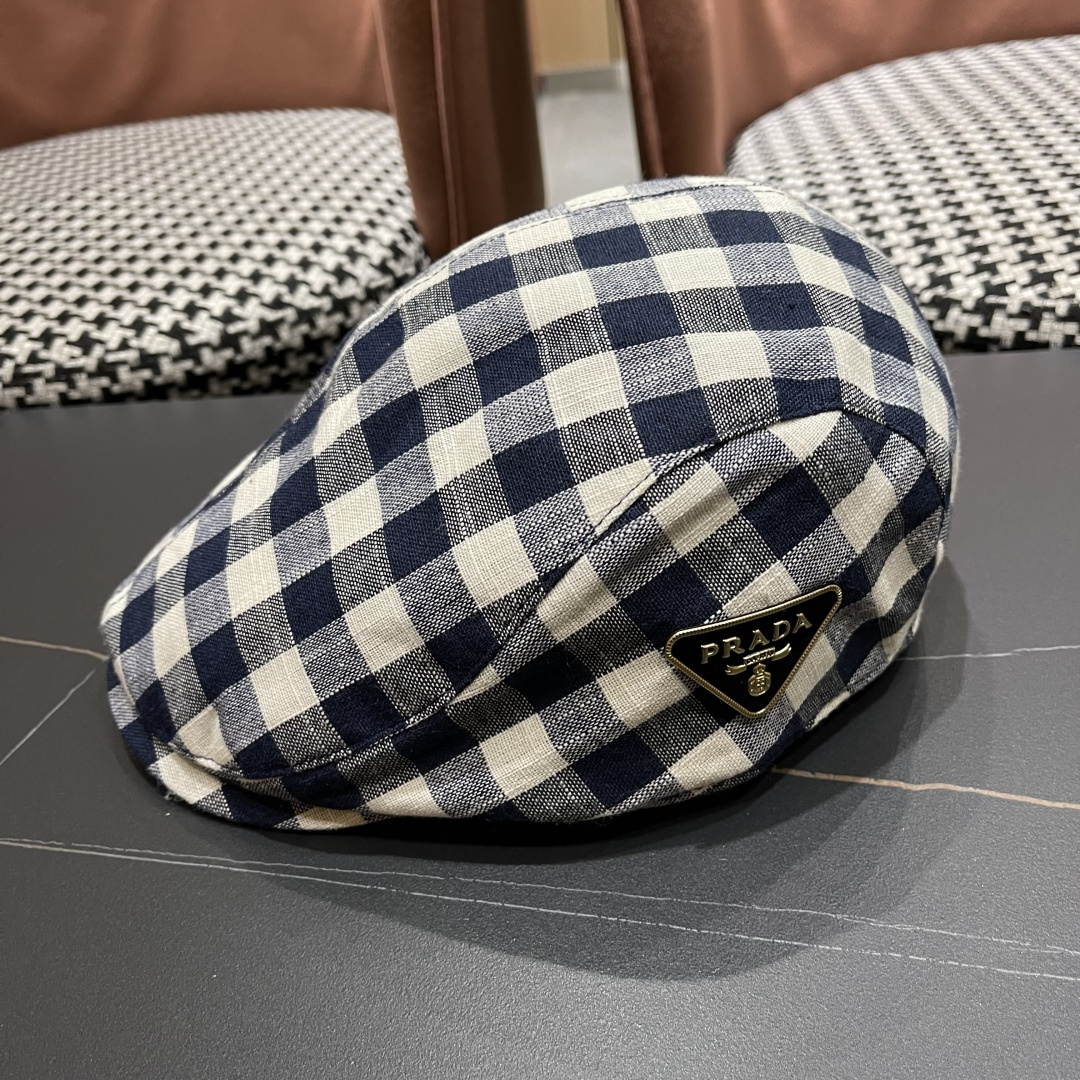 普拉达 黑白格子前进帽女文艺复吉百搭显脸小贝雷帽大头国报童鸭舌帽子潮