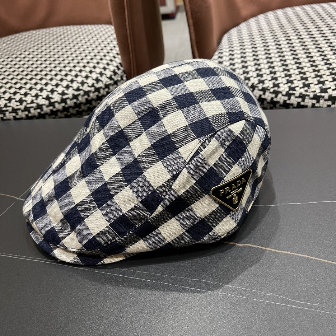 普拉达 黑白格子前进帽女文艺复吉百搭显脸小贝雷帽大头国报童鸭舌帽子潮