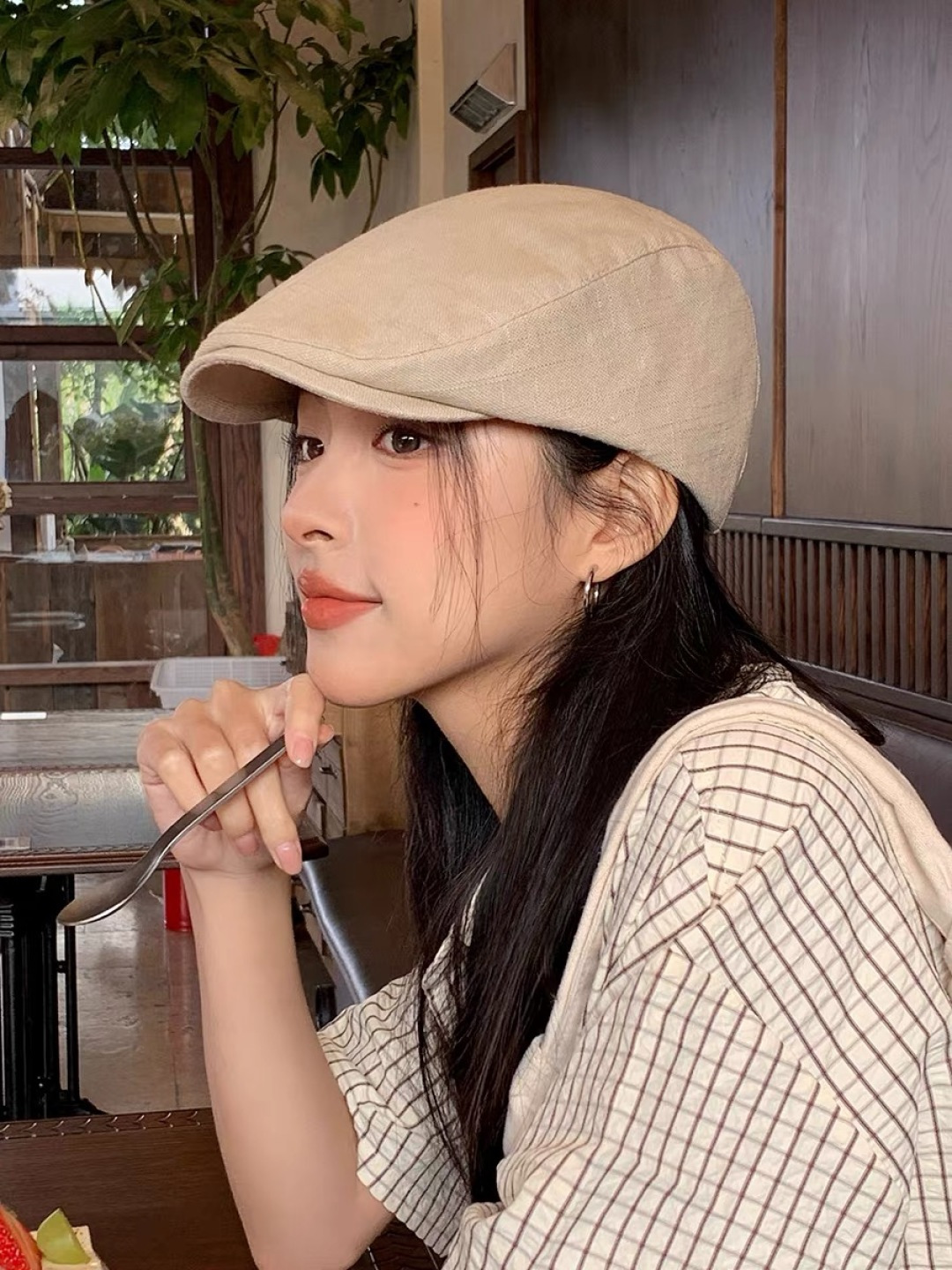  迪芬 复古棉麻前进帽女春夏英伦显脸小贝雷帽子2025新款日系简约鸭舌帽