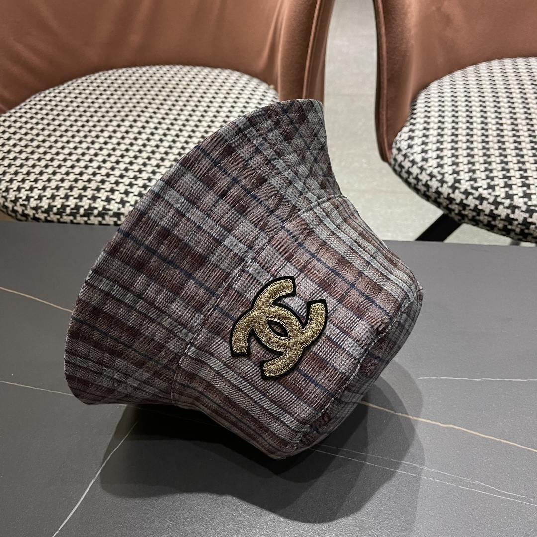  香奈儿 韩版复古格纹渔夫帽子女款春秋季户
外遮脸显脸小百搭双面水桶帽盆帽潮