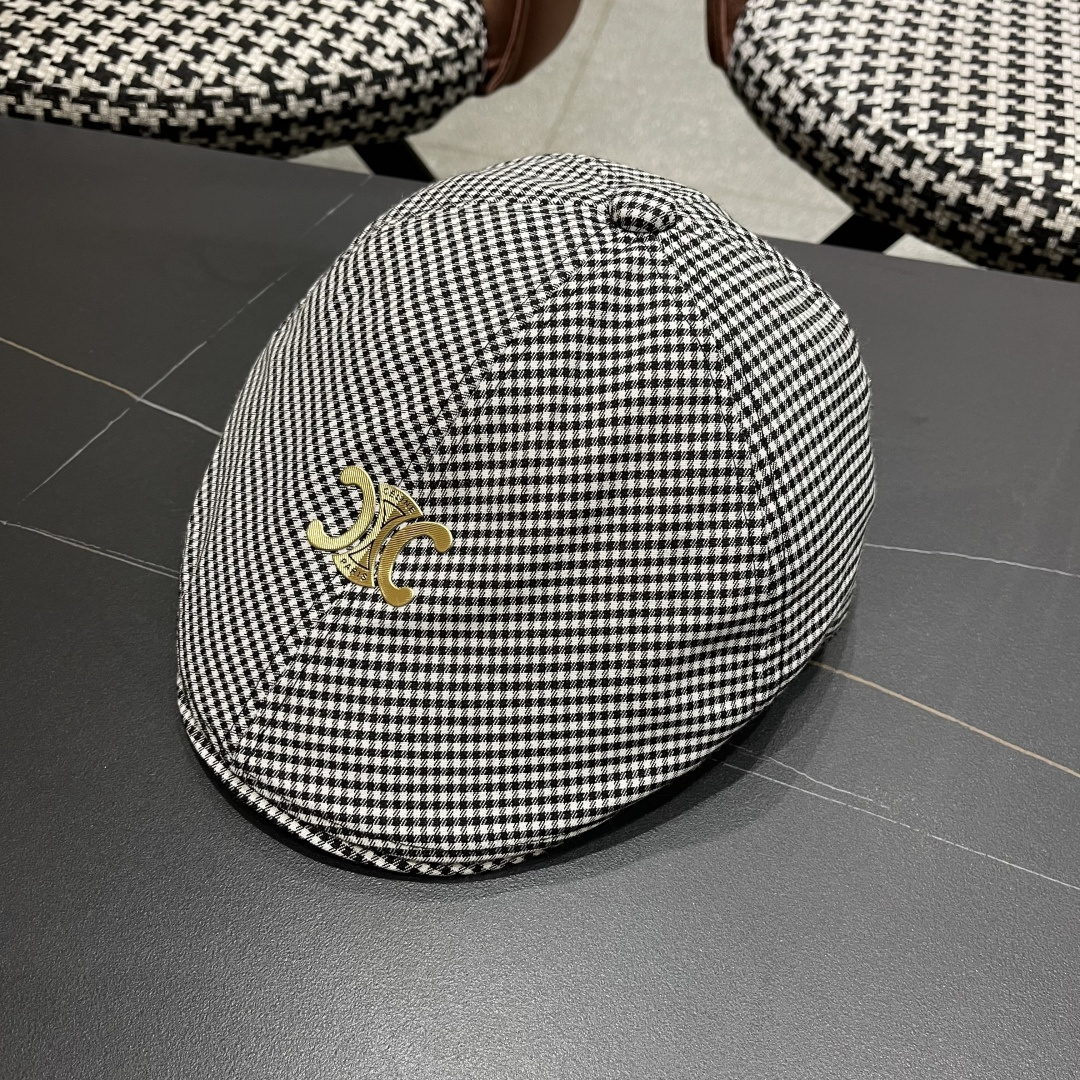  赛琳2025新款韩系格子千格鸟大头围品脸小前进帽