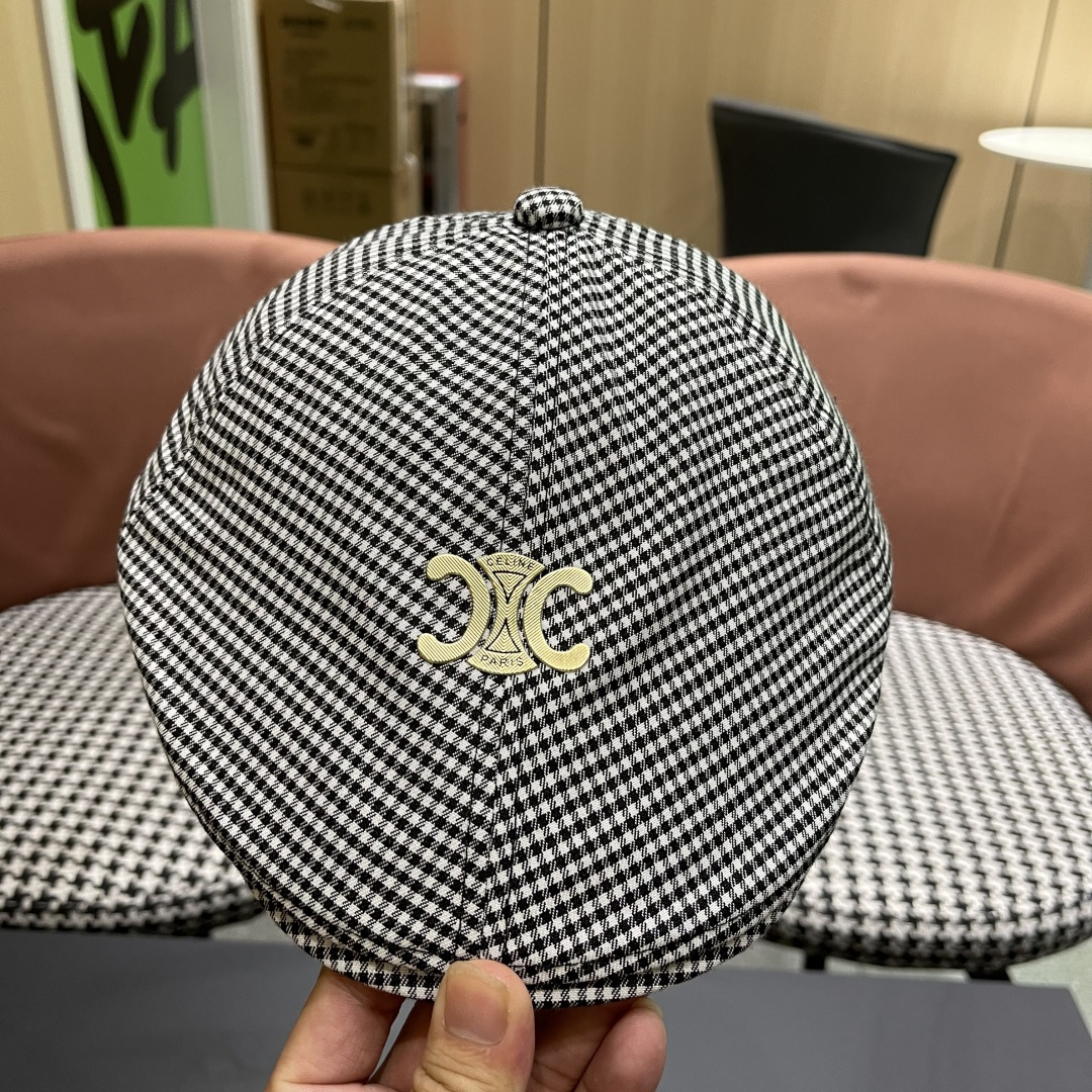  赛琳2025新款韩系格子千格鸟大头围品脸小前进帽