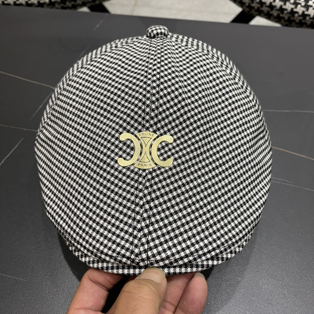  赛琳2025新款韩系格子千格鸟大头围品脸小前进帽