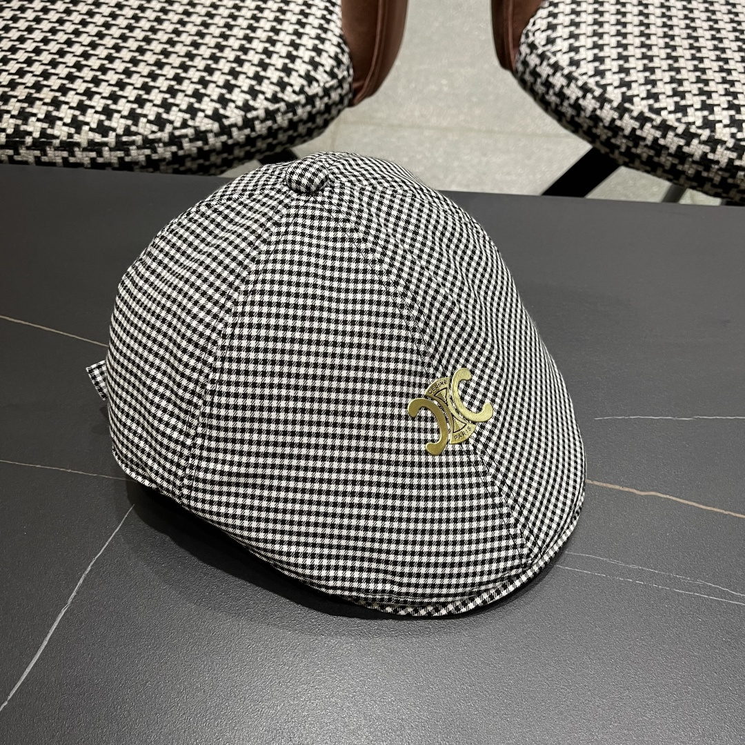  赛琳2025新款韩系格子千格鸟大头围品脸小前进帽